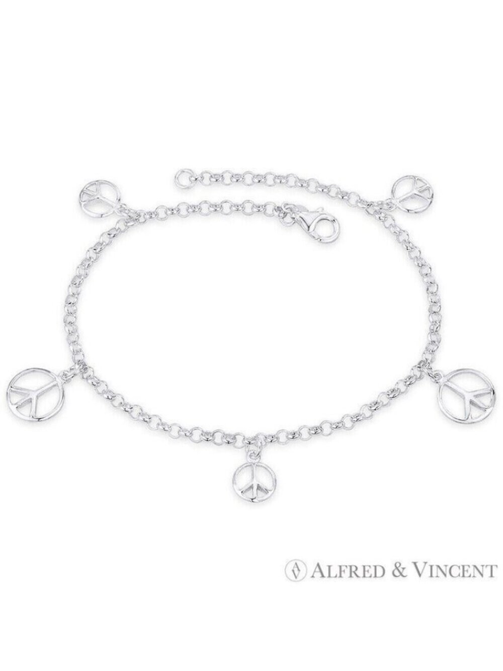 Peace Sign Charm on Rolo Link Italian Chain Anklet in .925 Sterling Silver - 10"